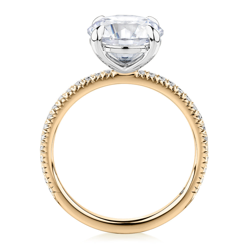 Signature Simulant Diamond 3.24 carat* TW round brilliant shouldered engagement ring in 14 carat yellow and white gold