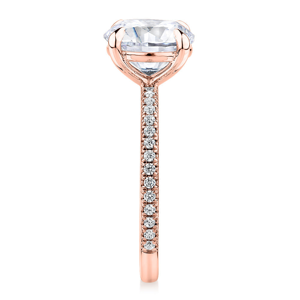 Premium Certified Lab-Grown Diamond, 3.24 carat TW round brilliant shouldered engagement ring in 14 carat rose gold
