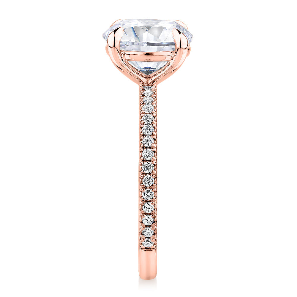 Signature Simulant Diamond 3.24 carat* TW round brilliant shouldered engagement ring in 14 carat rose gold