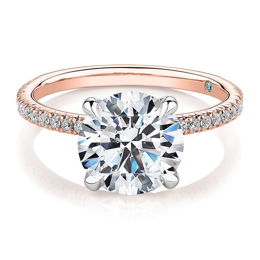 Premium Certified Lab-Grown Diamond, 3.24 carat TW round brilliant shouldered engagement ring in 14 carat rose and white gold