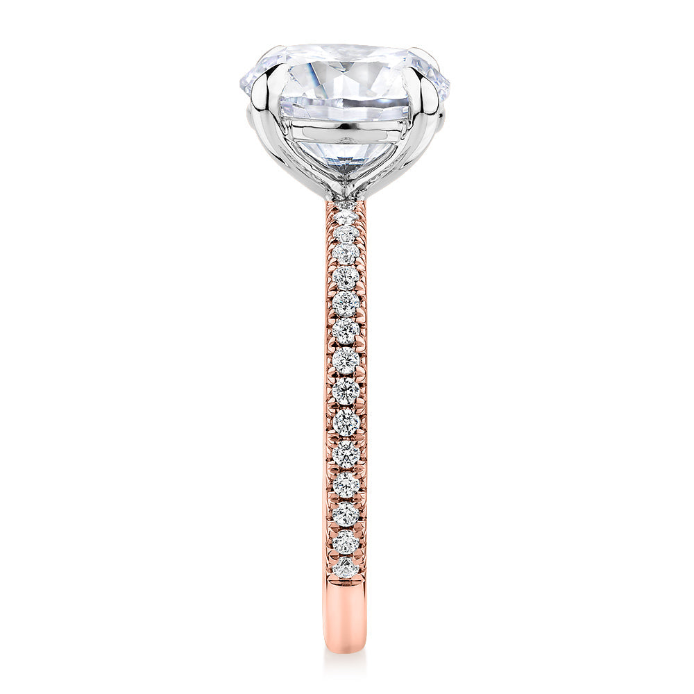 Premium Certified Lab-Grown Diamond, 3.24 carat TW round brilliant shouldered engagement ring in 14 carat rose and white gold