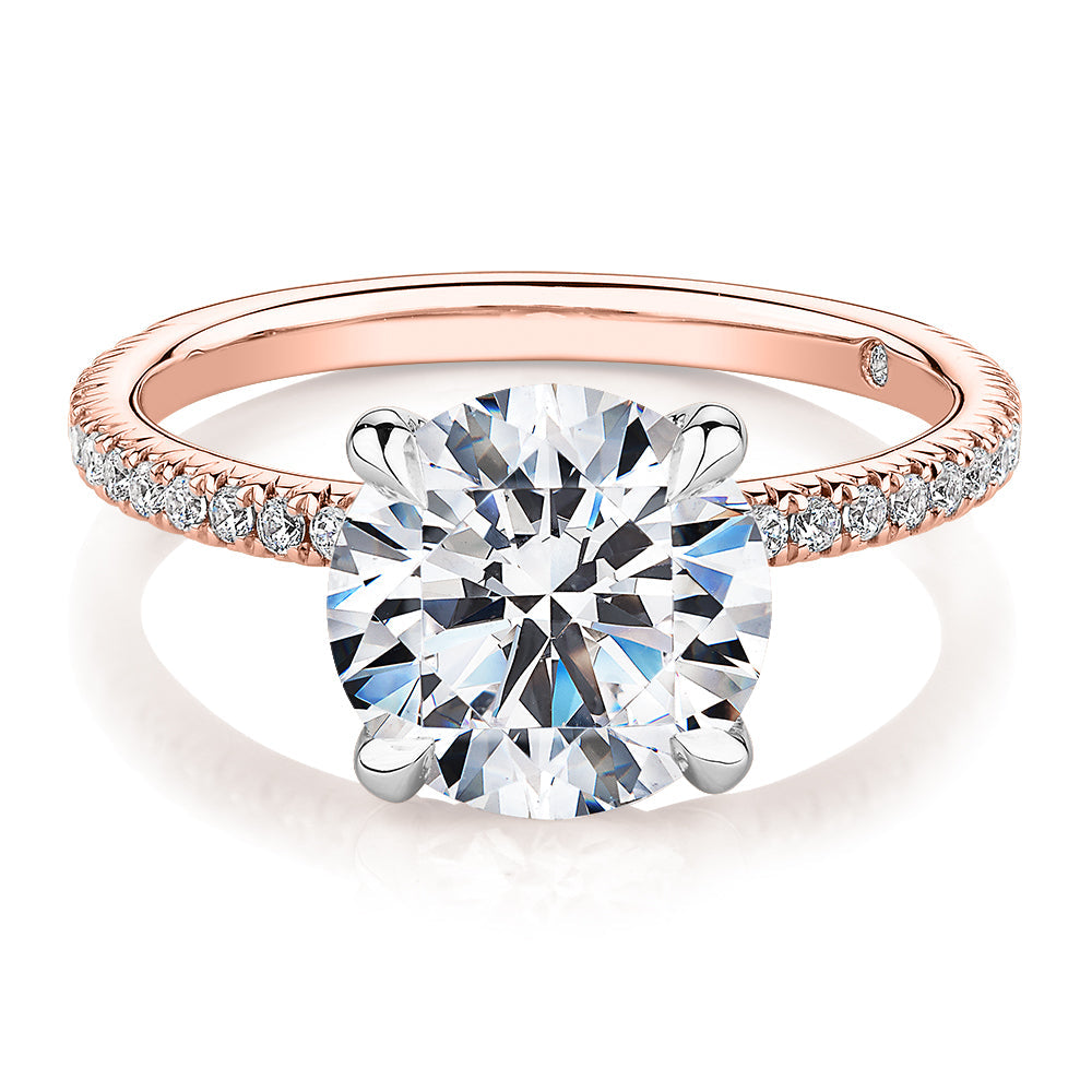 Signature Simulant Diamond 3.24 carat* TW round brilliant shouldered engagement ring in 14 carat rose and white gold