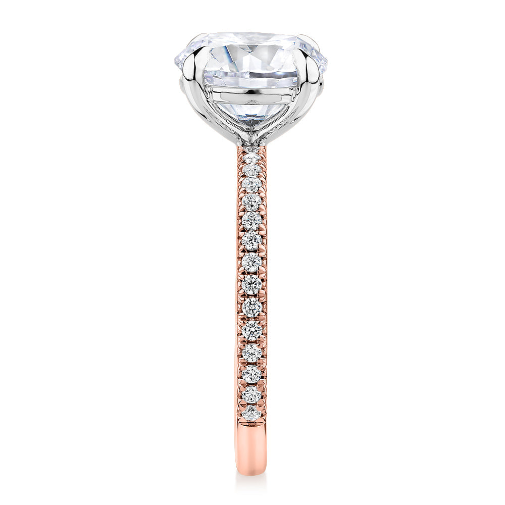 Signature Simulant Diamond 3.24 carat* TW round brilliant shouldered engagement ring in 14 carat rose and white gold