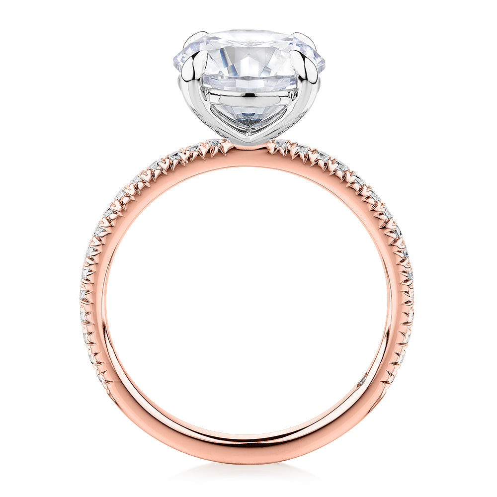 Signature Simulant Diamond 3.24 carat* TW round brilliant shouldered engagement ring in 14 carat rose and white gold