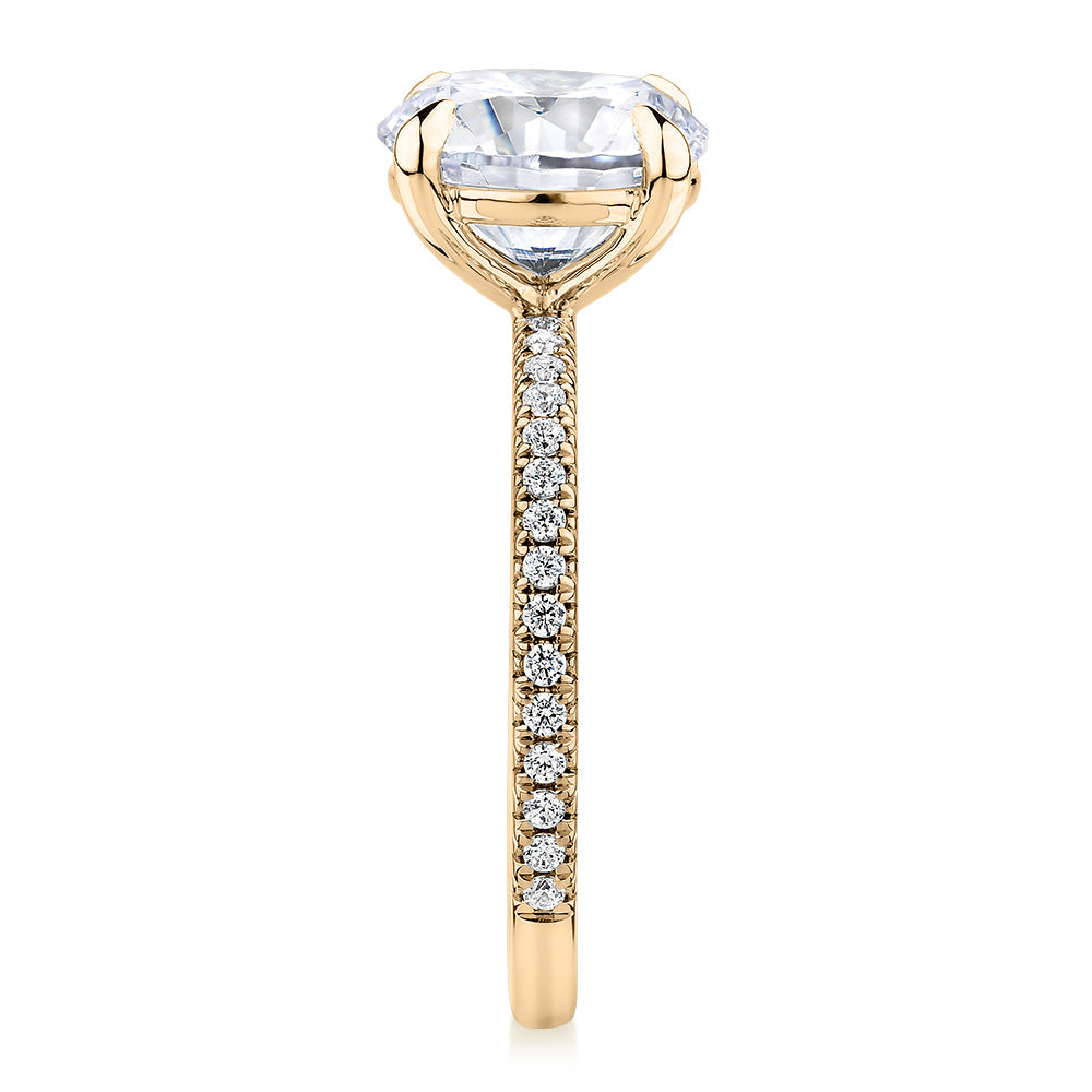 Premium Certified Lab-Grown Diamond, 3.24 carat TW round brilliant shouldered engagement ring in 14 carat yellow gold