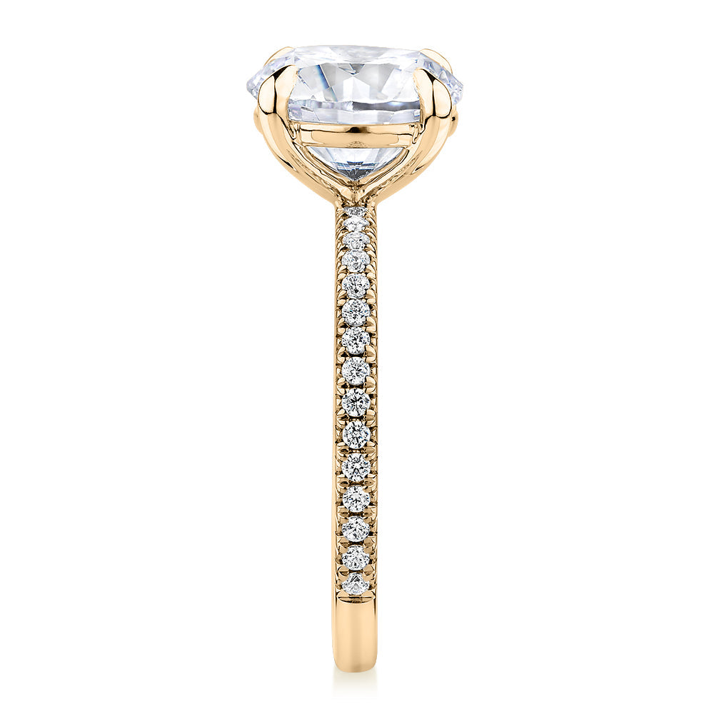 Signature Simulant Diamond 3.24 carat* TW round brilliant shouldered engagement ring in 14 carat yellow gold