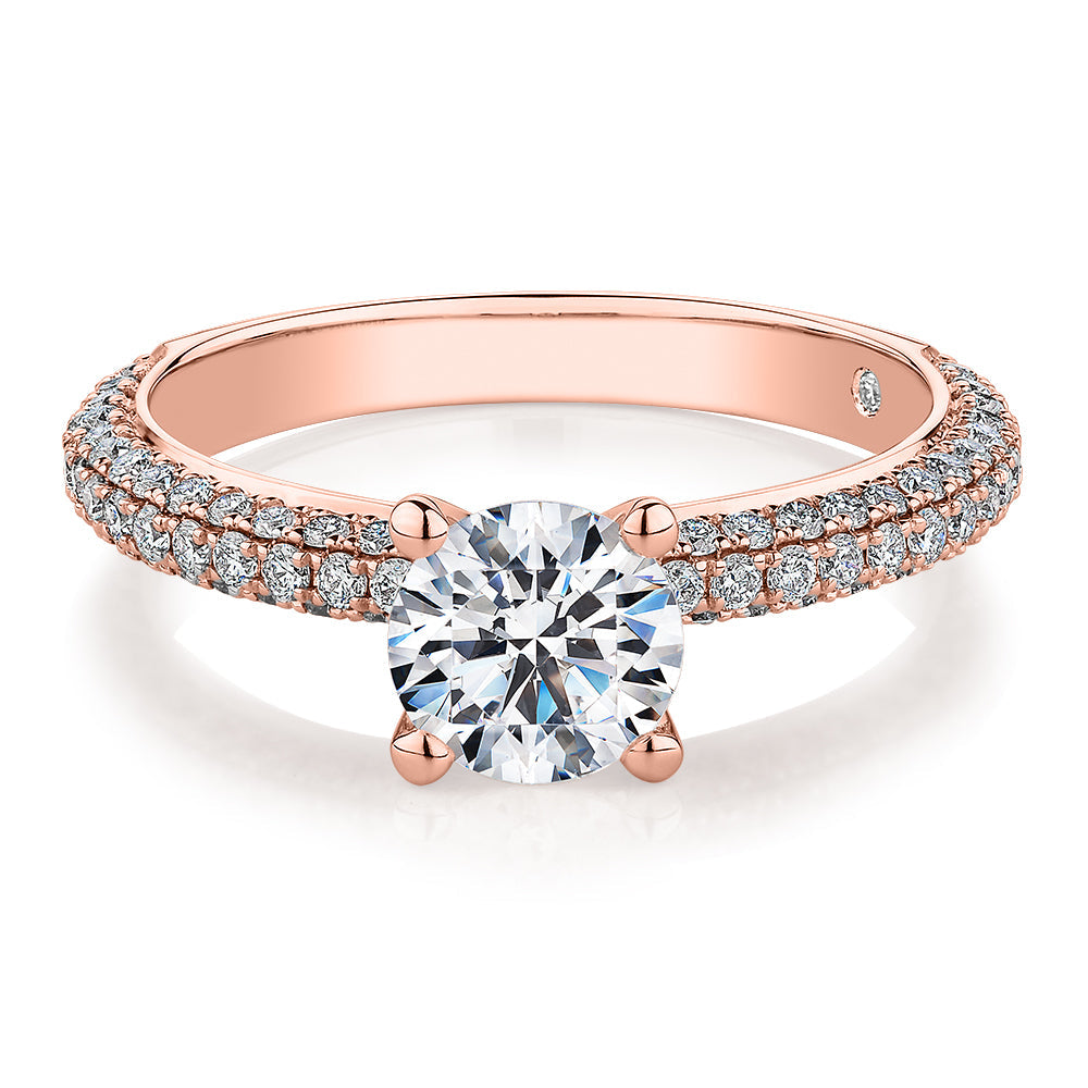 Signature Simulant Diamond 1.62 carat* TW round brilliant shouldered solitaire engagement ring in 10 carat rose and white gold
