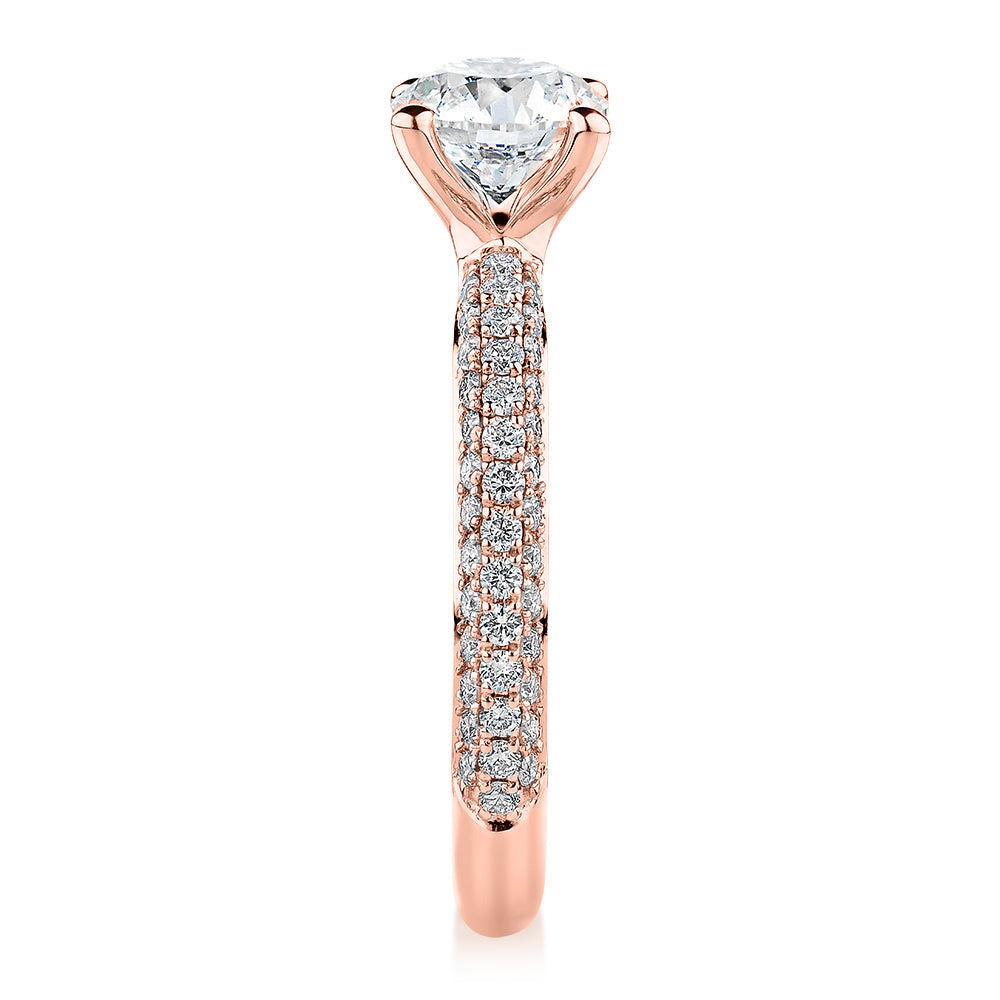 Signature Simulant Diamond 1.62 carat* TW round brilliant shouldered solitaire engagement ring in 10 carat rose and white gold