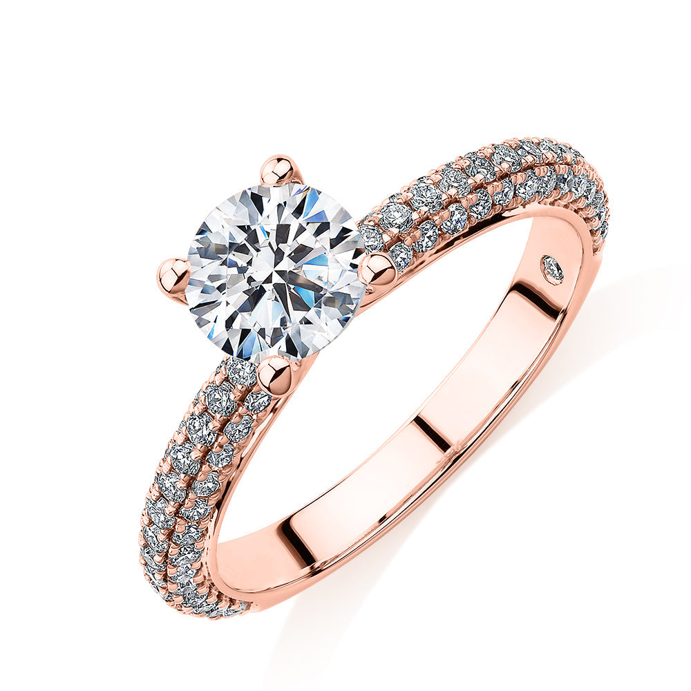 Signature Simulant Diamond 1.62 carat* TW round brilliant shouldered solitaire engagement ring in 10 carat rose and white gold