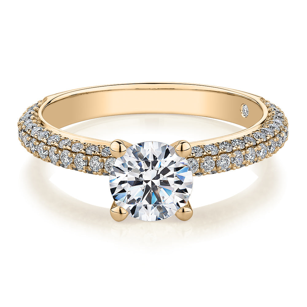 Signature Simulant Diamond 1.62 carat* TW round brilliant shouldered solitaire engagement ring in 10 carat rose and white gold