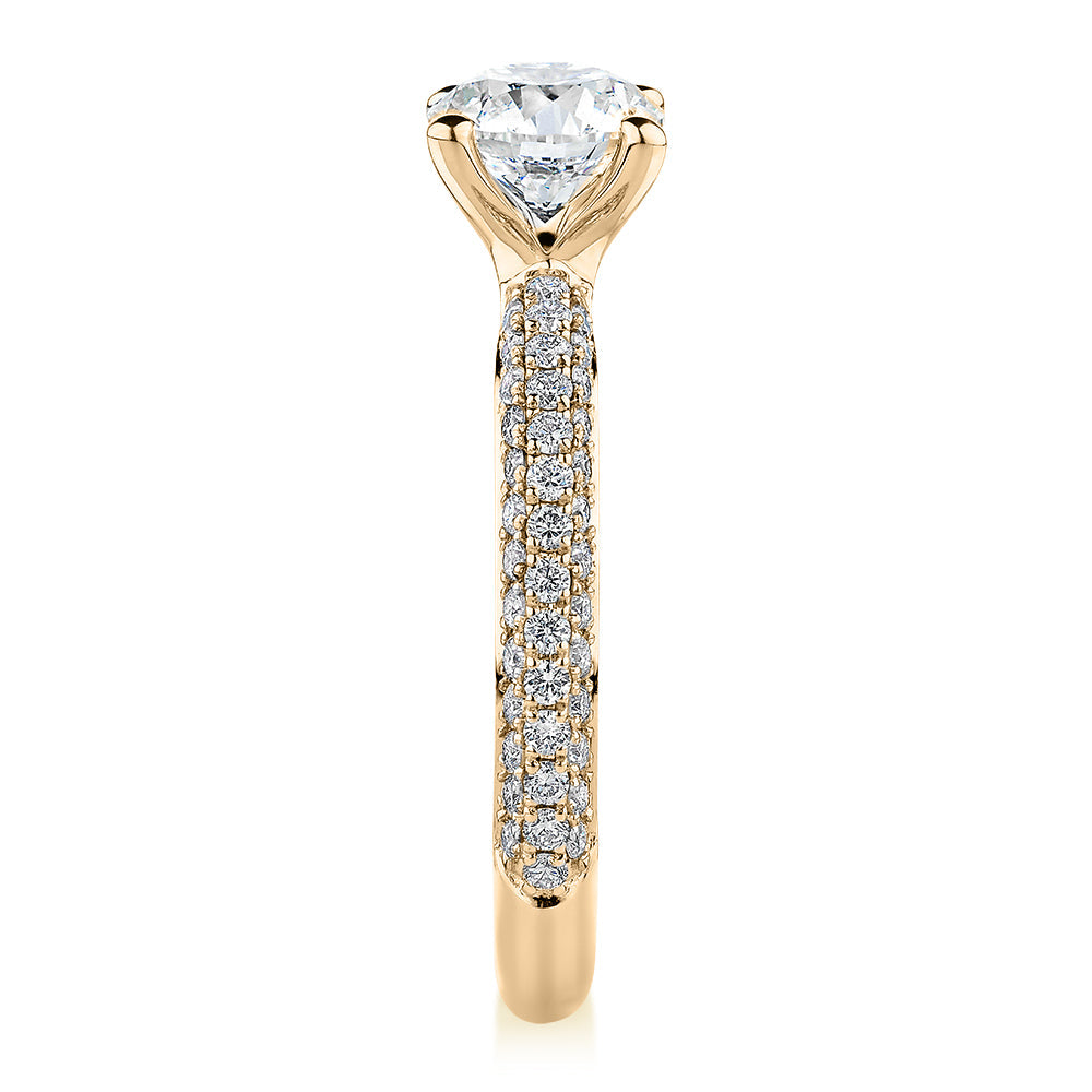 Signature Simulant Diamond 1.62 carat* TW round brilliant shouldered solitaire engagement ring in 10 carat rose and white gold