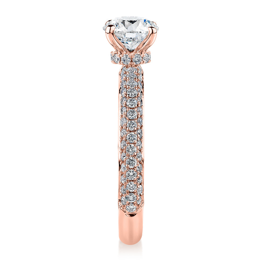 Premium Certified Lab-Grown Diamond, 1.68 carat TW round brilliant shouldered engagement ring in 14 carat rose gold