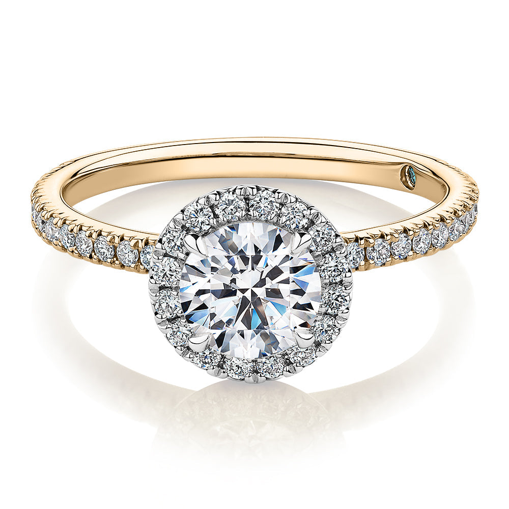 Premium Certified Laboratory Created Diamond, 1.40 carat TW round brilliant halo engagement ring in 18 carat yellow and white gold