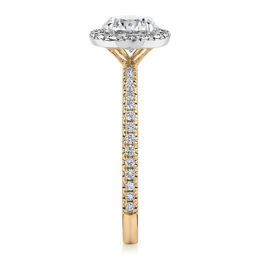 Premium Certified Laboratory Created Diamond, 1.40 carat TW round brilliant halo engagement ring in 18 carat yellow and white gold