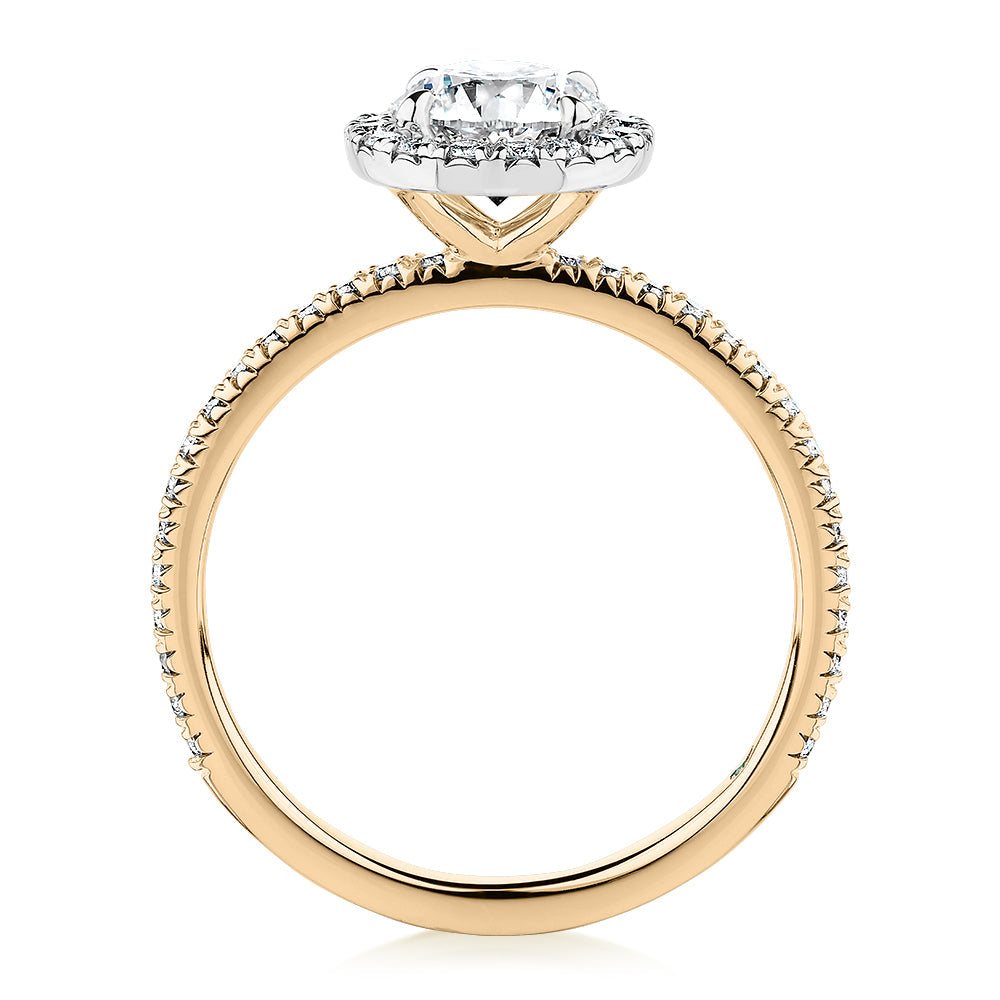 Premium Certified Lab-Grown Diamond, 1.40 carat TW round brilliant halo engagement ring in 14 carat yellow and white gold