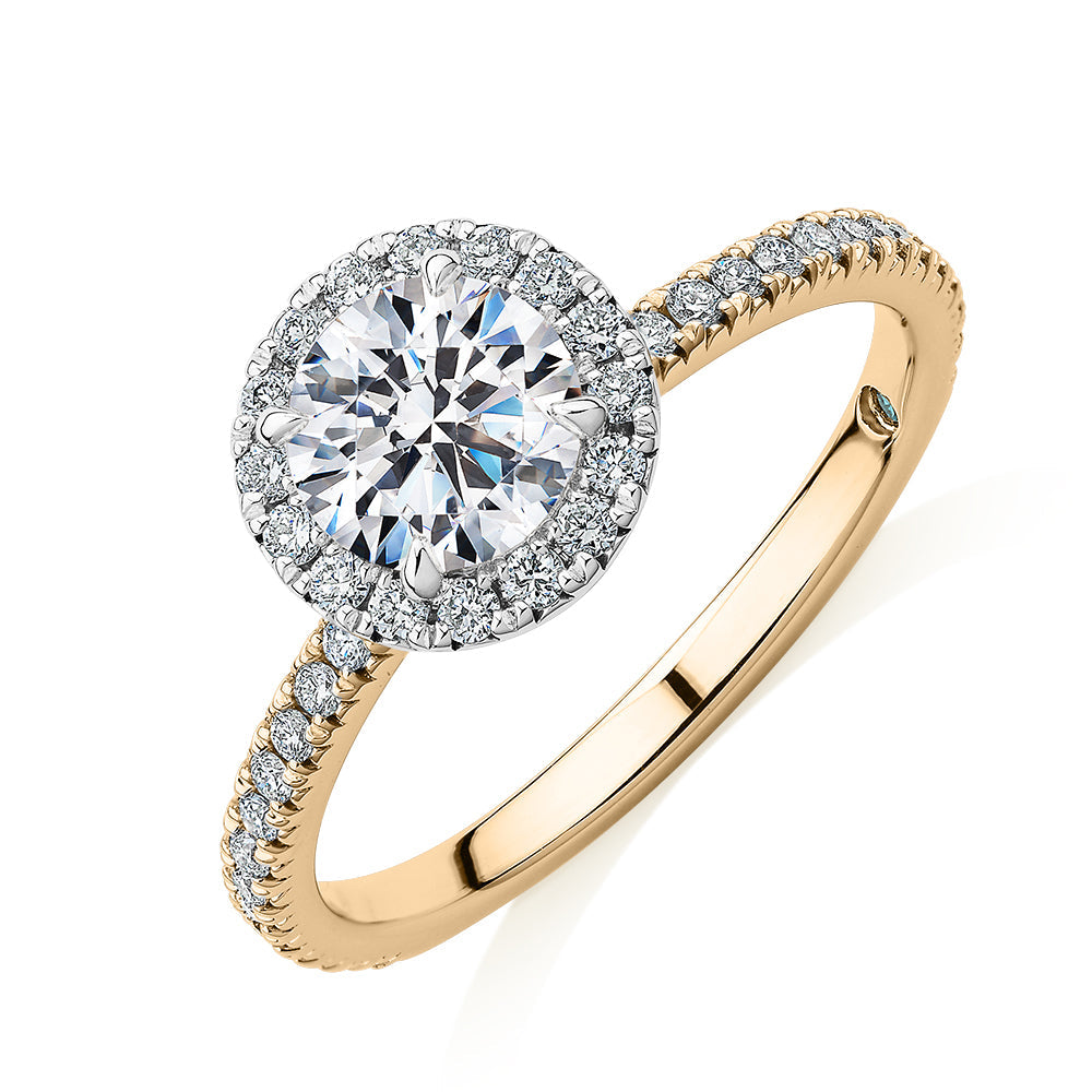 Premium Certified Laboratory Created Diamond, 1.40 carat TW round brilliant halo engagement ring in 18 carat yellow and white gold