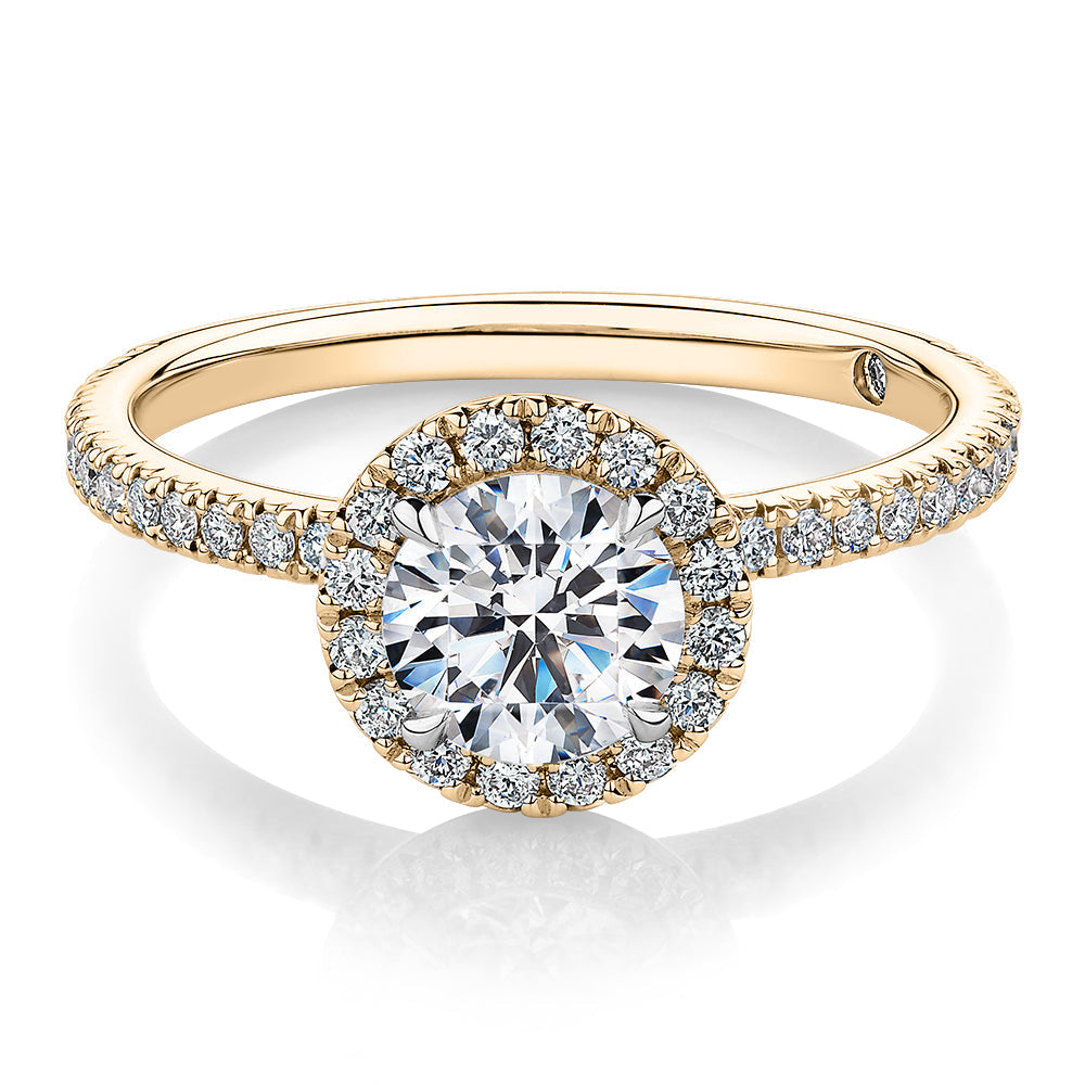 Signature Simulant Diamond 1.40 carat* TW round brilliant halo engagement ring in 10 carat yellow and white gold