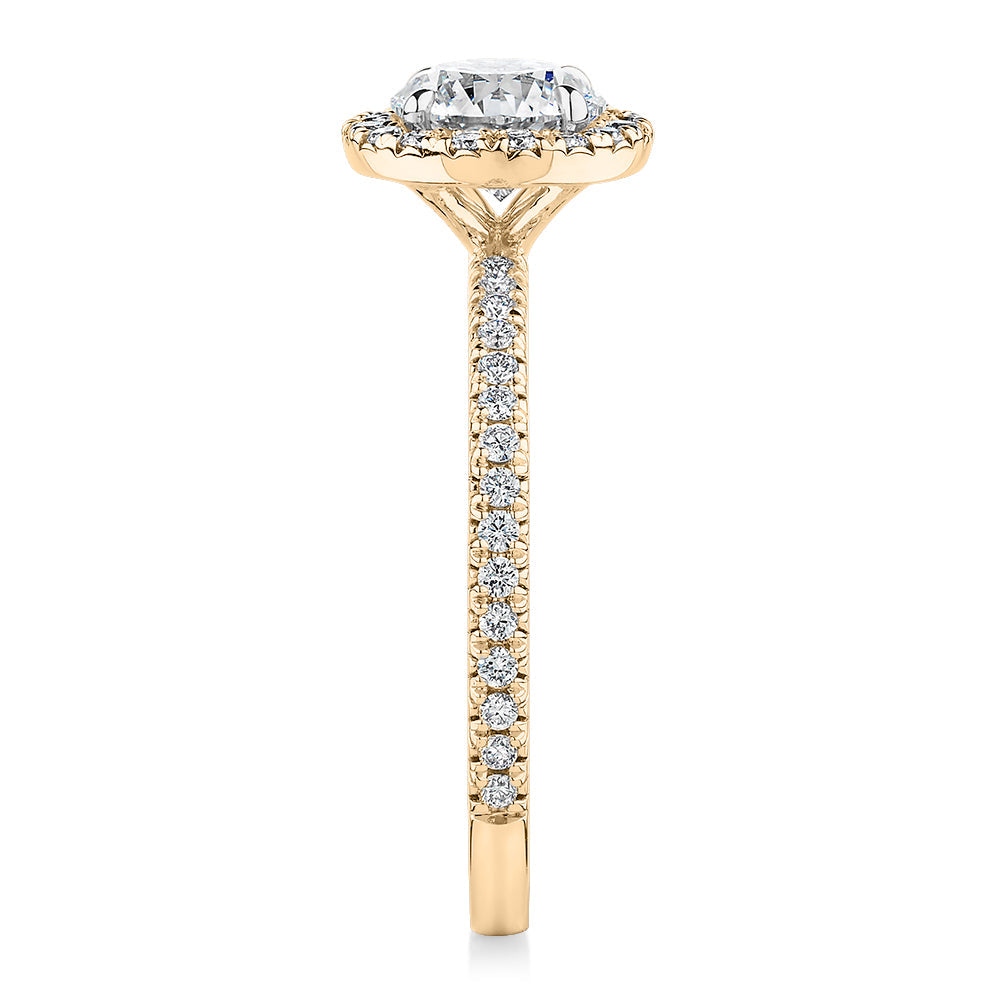 Signature Simulant Diamond 1.40 carat* TW round brilliant halo engagement ring in 10 carat yellow and white gold