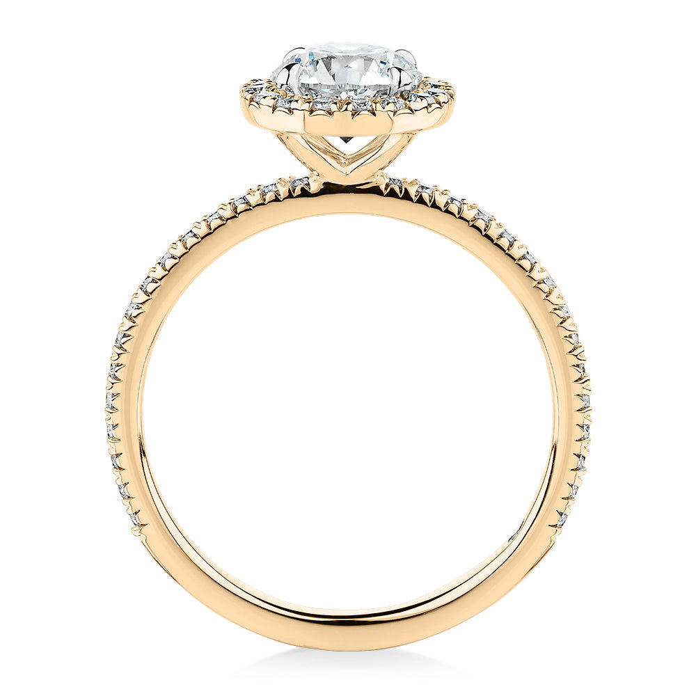 Signature Simulant Diamond 1.40 carat* TW round brilliant halo engagement ring in 10 carat yellow and white gold