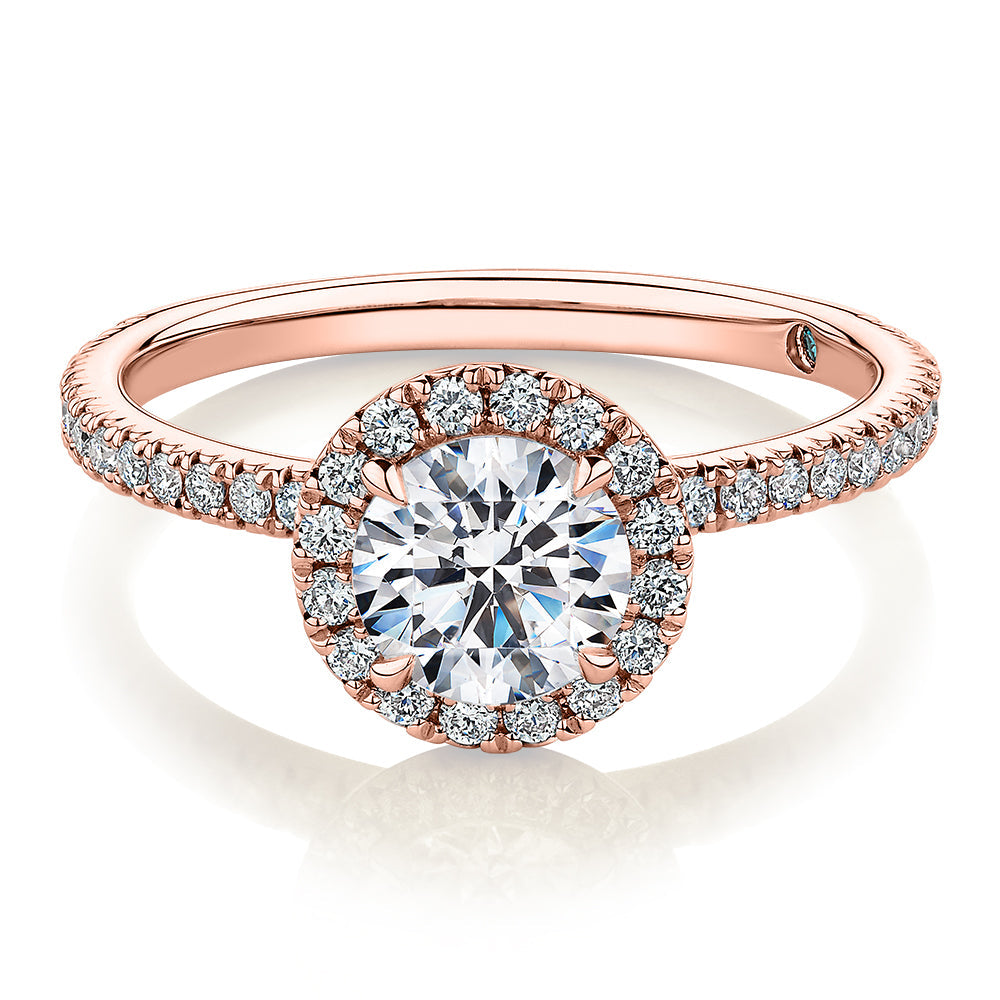 Premium Certified Lab-Grown Diamond, 1.40 carat TW round brilliant halo engagement ring in 14 carat rose gold