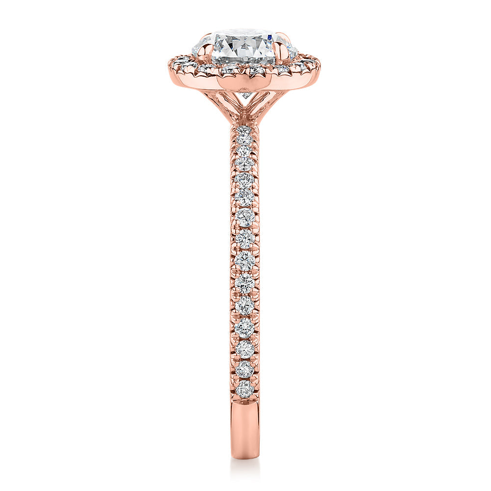 Premium Certified Lab-Grown Diamond, 1.40 carat TW round brilliant halo engagement ring in 14 carat rose gold