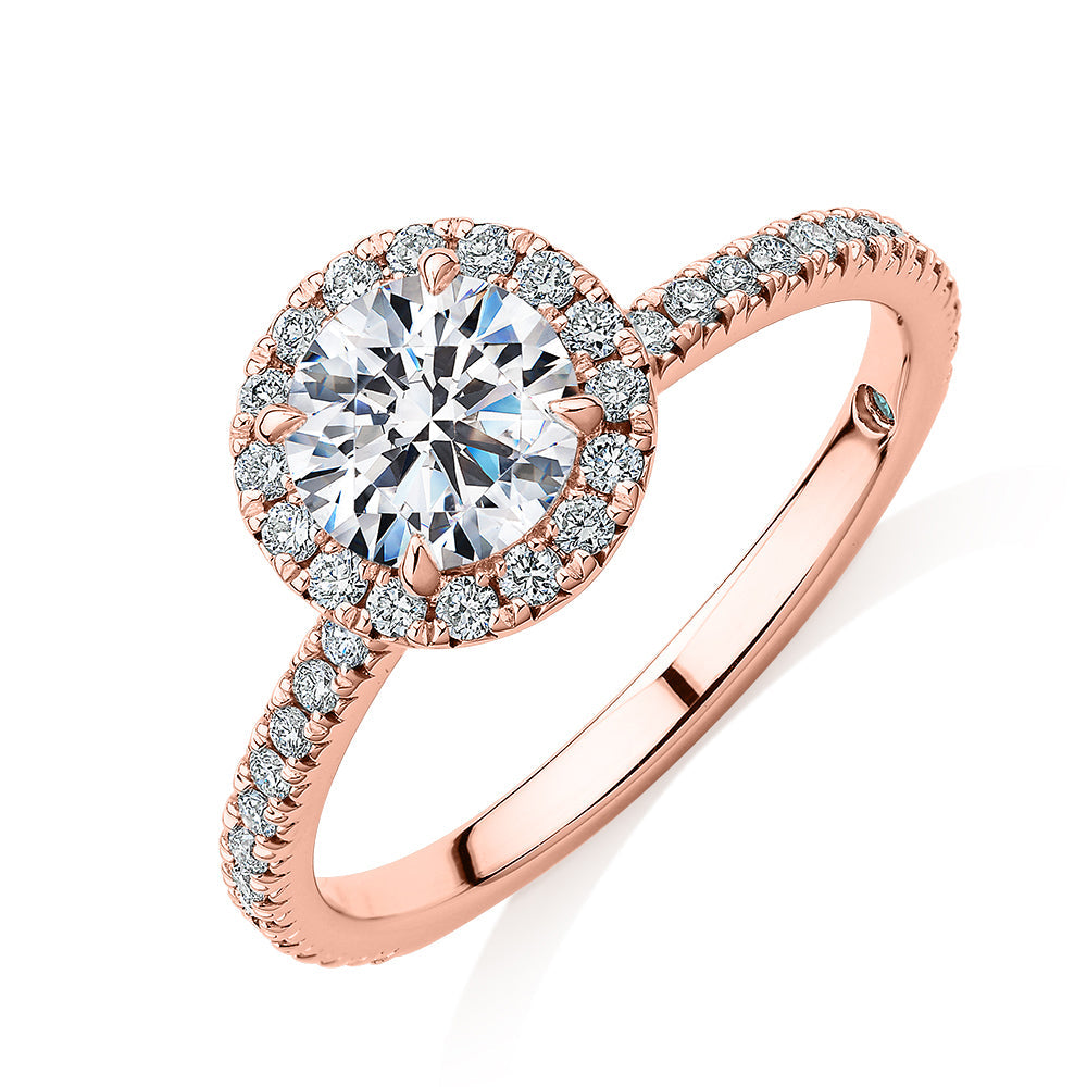 Premium Certified Lab-Grown Diamond, 1.40 carat TW round brilliant halo engagement ring in 14 carat rose gold