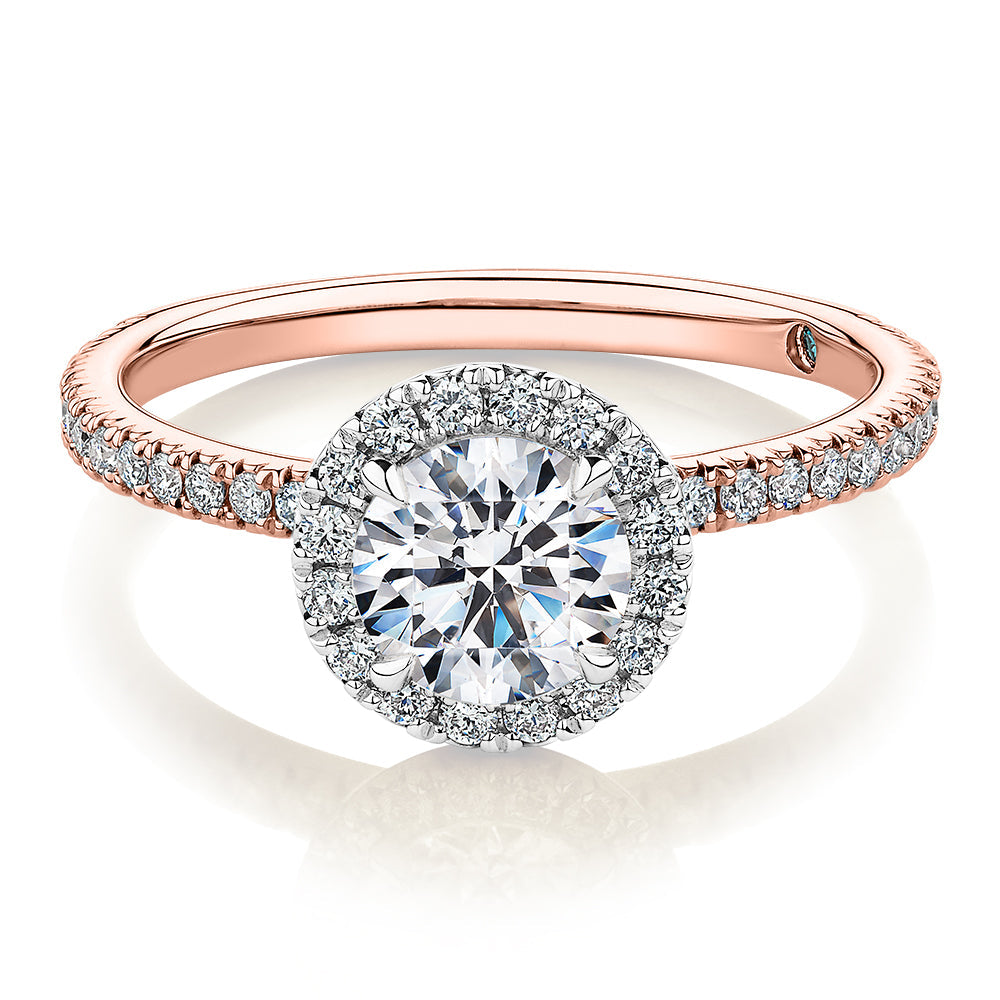 Premium Certified Laboratory Created Diamond, 1.40 carat TW round brilliant halo engagement ring in 18 carat rose and white gold