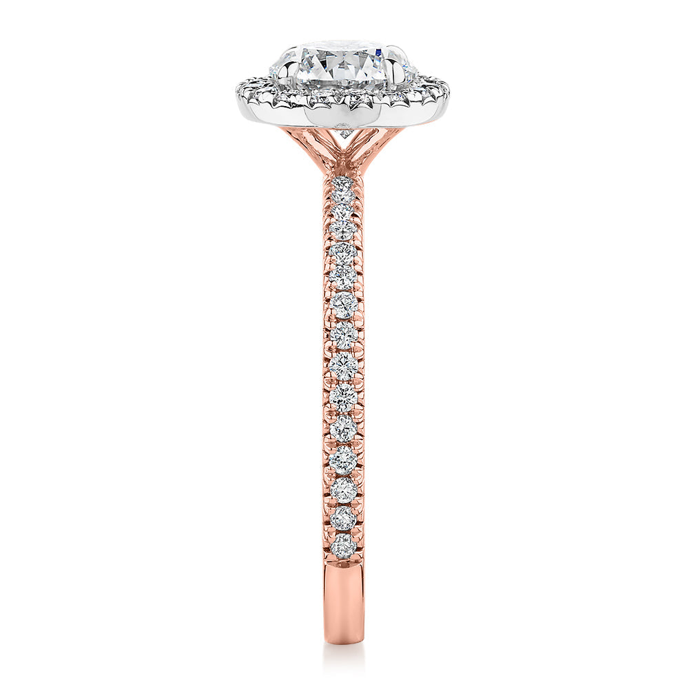 Premium Certified Lab-Grown Diamond, 1.40 carat TW round brilliant halo engagement ring in 14 carat rose and white gold