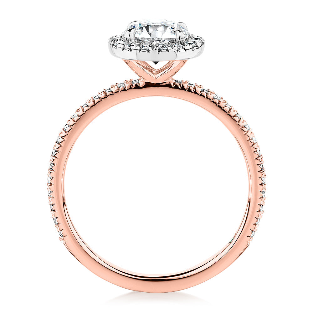Premium Certified Laboratory Created Diamond, 1.40 carat TW round brilliant halo engagement ring in 18 carat rose and white gold