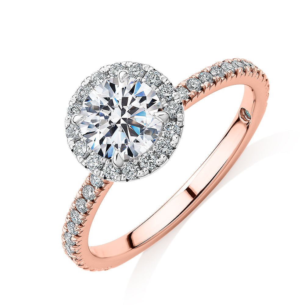 Premium Certified Laboratory Created Diamond, 1.40 carat TW round brilliant halo engagement ring in 18 carat rose and white gold