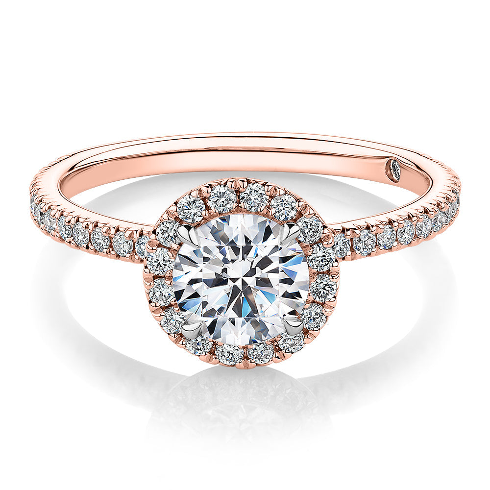 Signature Simulant Diamond 1.40 carat* TW round brilliant halo engagement ring in 10 carat rose and white gold