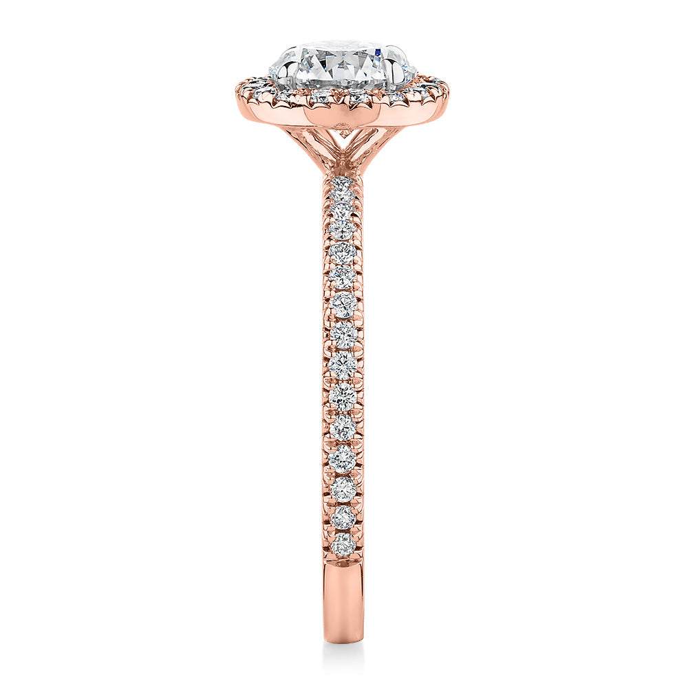 Signature Simulant Diamond 1.40 carat* TW round brilliant halo engagement ring in 10 carat rose and white gold