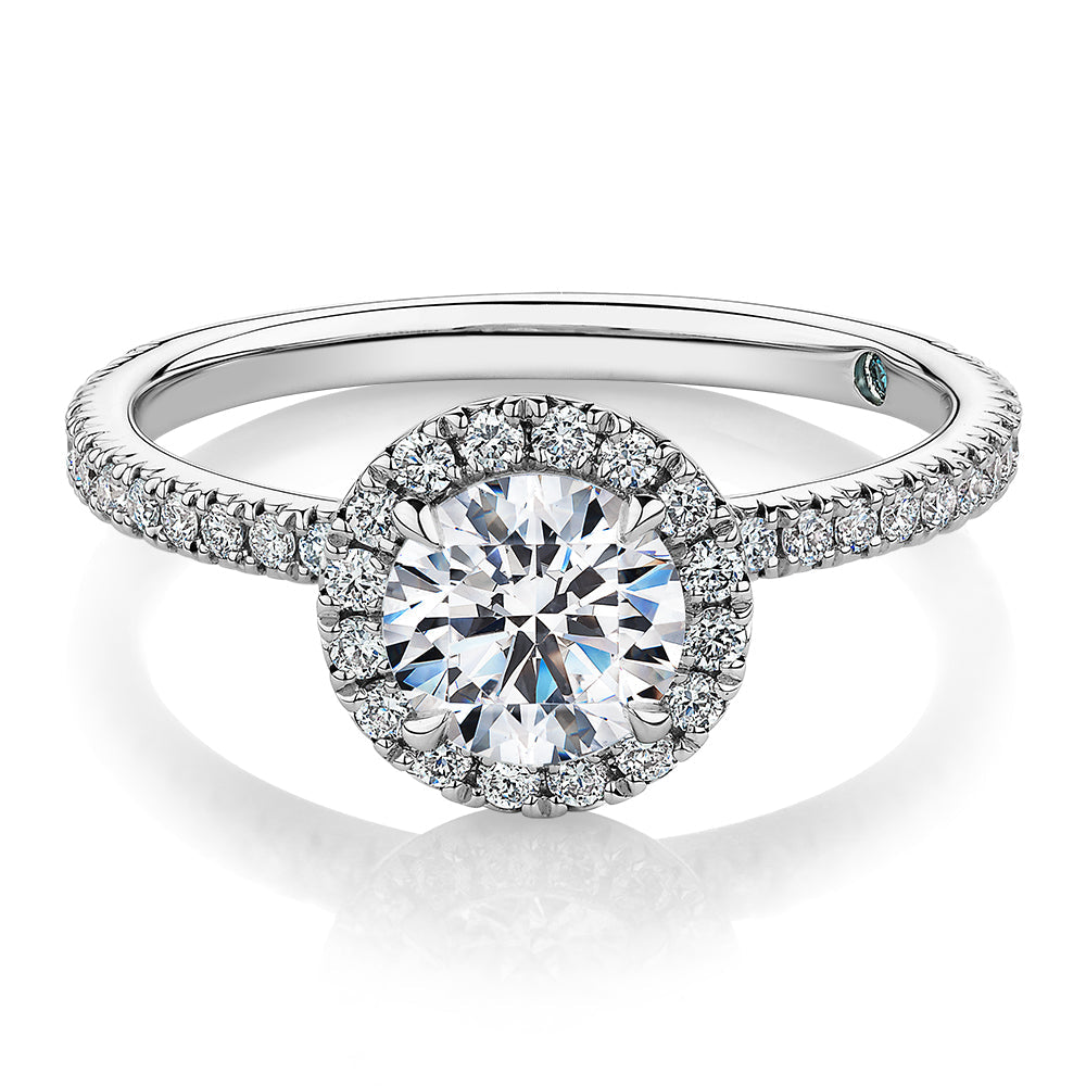 Premium Certified Lab-Grown Diamond, 1.40 carat TW round brilliant halo engagement ring in 14 carat white gold