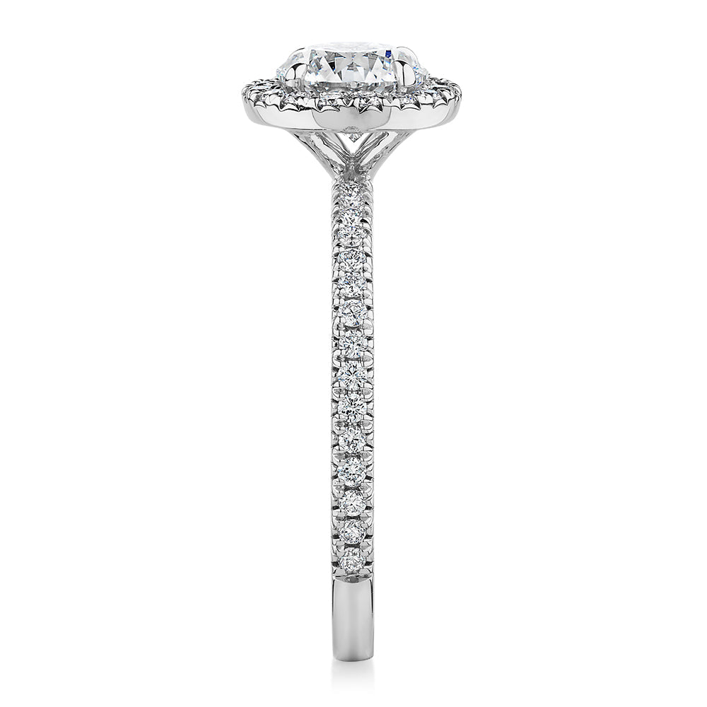 Premium Certified Lab-Grown Diamond, 1.40 carat TW round brilliant halo engagement ring in 14 carat white gold