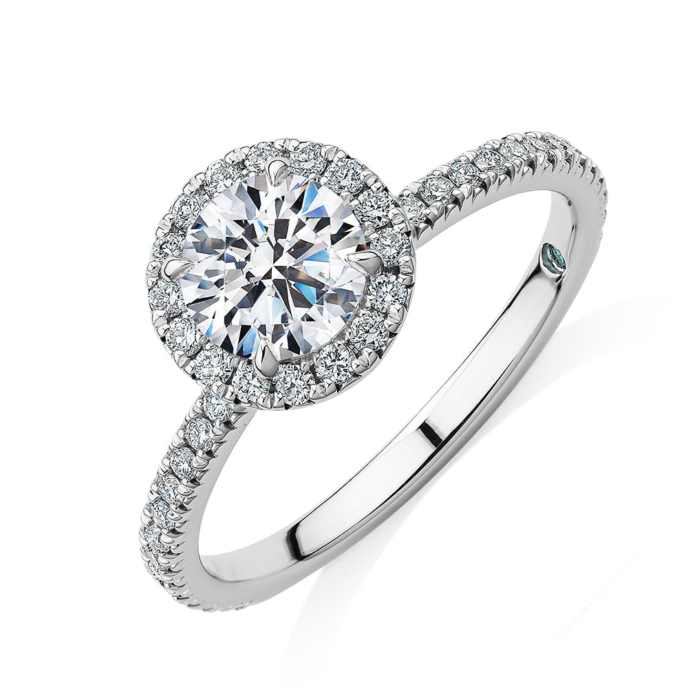 Premium Certified Lab-Grown Diamond, 1.40 carat TW round brilliant halo engagement ring in 14 carat white gold