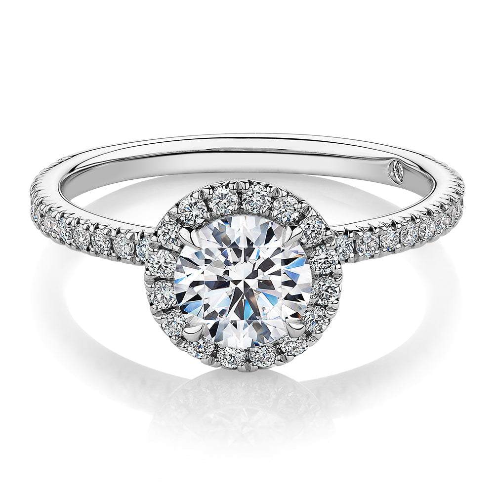 Signature Simulant Diamond 1.40 carat* TW round brilliant halo engagement ring in 10 carat white gold