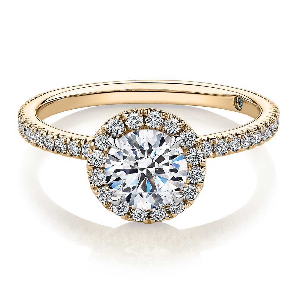 Premium Certified Lab-Grown Diamond, 1.40 carat TW round brilliant halo engagement ring in 14 carat yellow gold