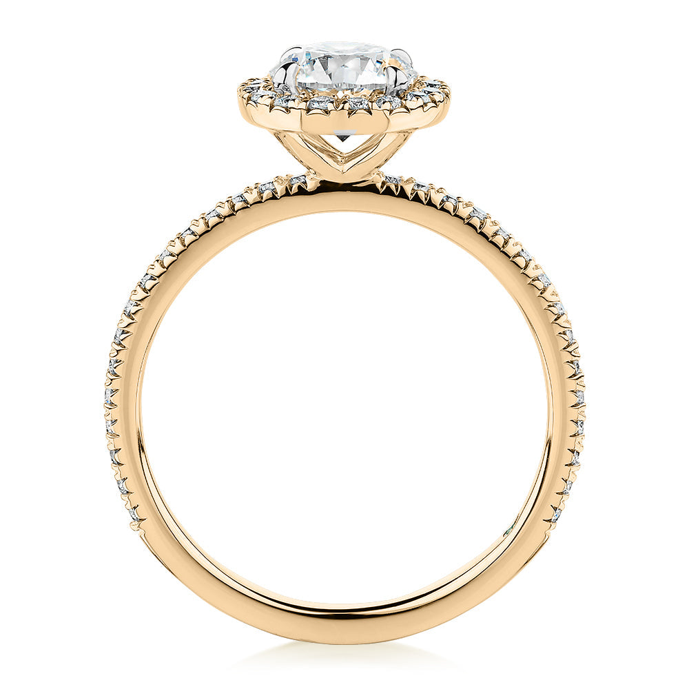 Premium Certified Laboratory Created Diamond, 1.40 carat TW round brilliant halo engagement ring in 18 carat yellow gold
