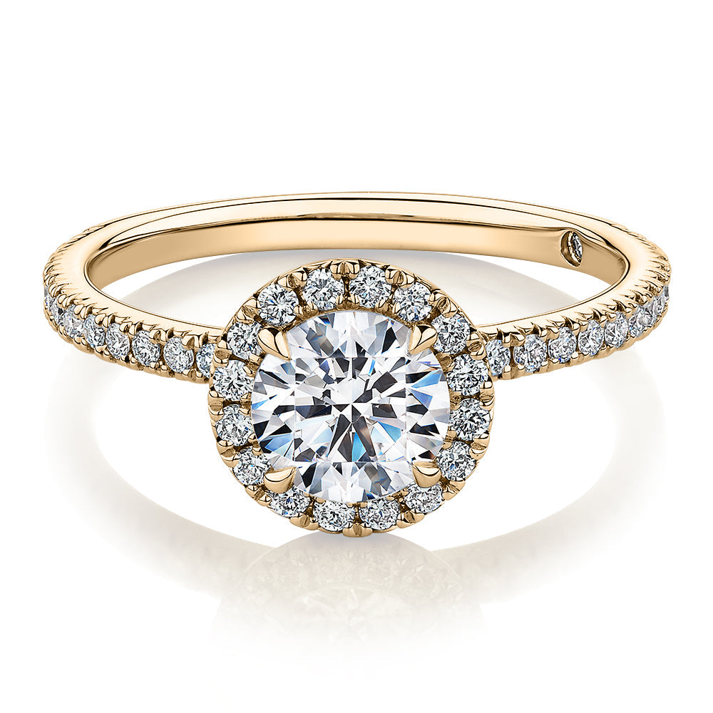 Signature Simulant Diamond 1.40 carat* TW round brilliant halo engagement ring in 10 carat yellow gold