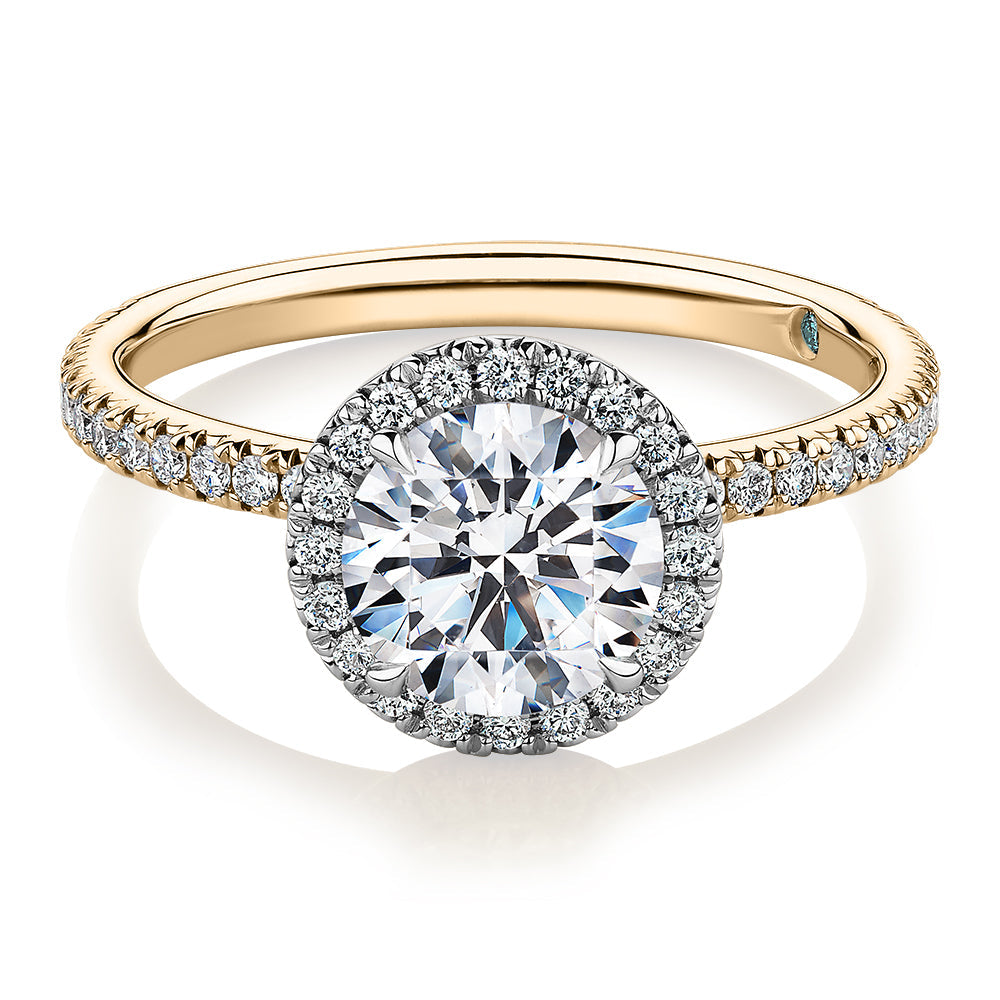 Premium Certified Lab-Grown Diamond, 1.88 carat TW round brilliant halo engagement ring in 14 carat yellow and white gold