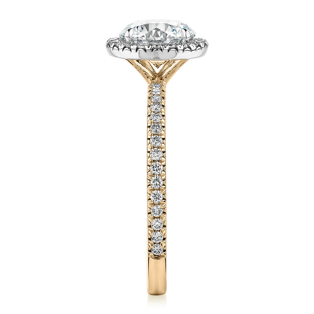 Premium Certified Laboratory Created Diamond, 1.88 carat TW round brilliant halo engagement ring in 18 carat yellow and white gold