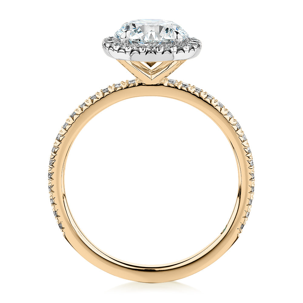 Premium Certified Lab-Grown Diamond, 1.88 carat TW round brilliant halo engagement ring in 14 carat yellow and white gold