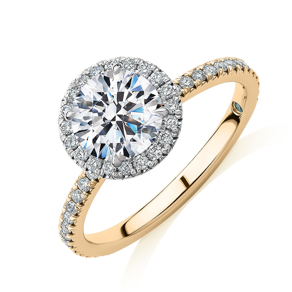 Premium Certified Lab-Grown Diamond, 1.88 carat TW round brilliant halo engagement ring in 14 carat yellow and white gold