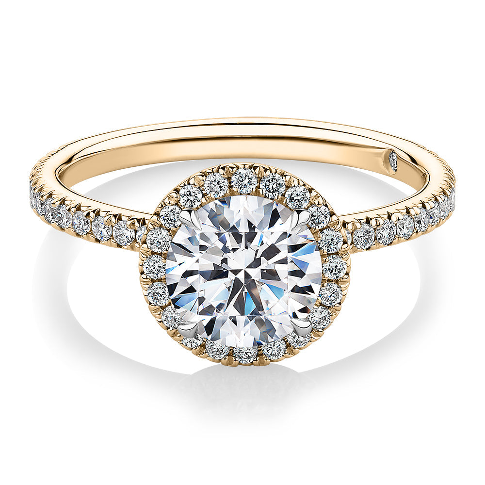 Signature Simulant Diamond 1.88 carat* TW round brilliant halo engagement ring in 10 carat yellow and white gold