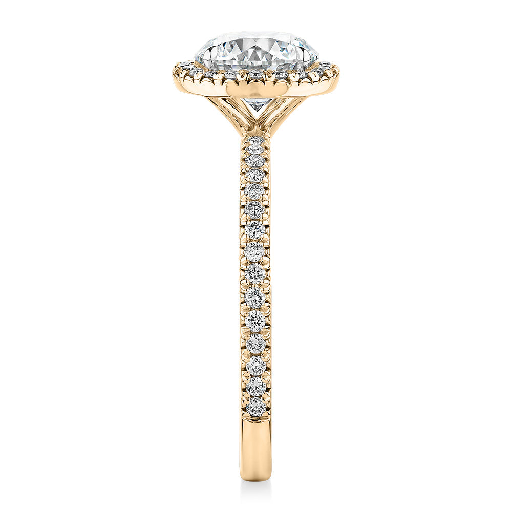Signature Simulant Diamond 1.88 carat* TW round brilliant halo engagement ring in 10 carat yellow and white gold