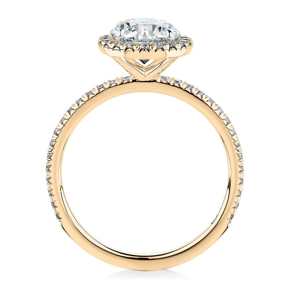 Signature Simulant Diamond 1.88 carat* TW round brilliant halo engagement ring in 10 carat yellow and white gold