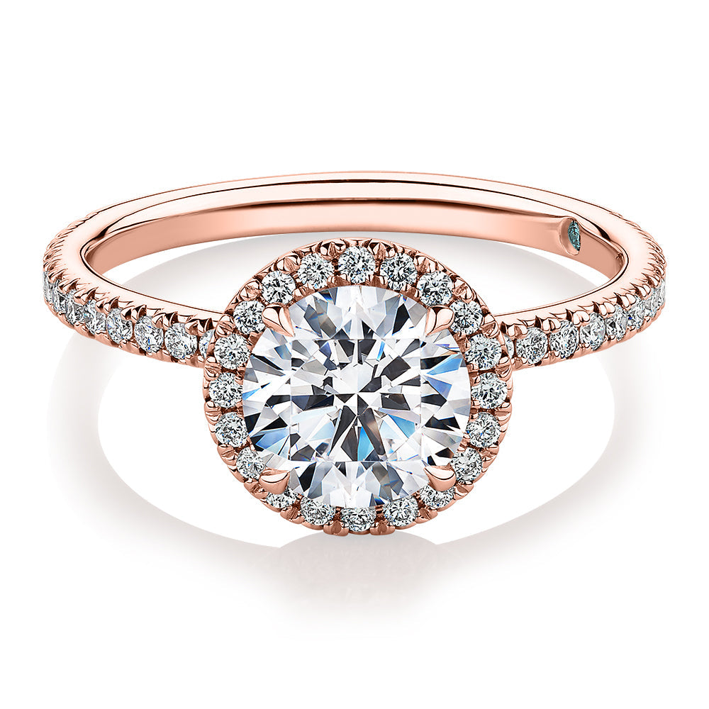 Premium Certified Laboratory Created Diamond, 1.88 carat TW round brilliant halo engagement ring in 18 carat rose gold