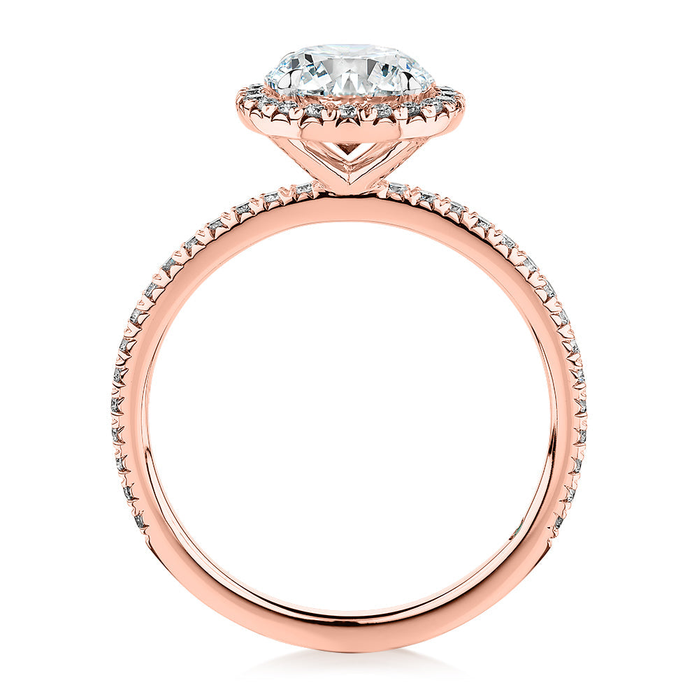 Premium Certified Laboratory Created Diamond, 1.88 carat TW round brilliant halo engagement ring in 18 carat rose gold