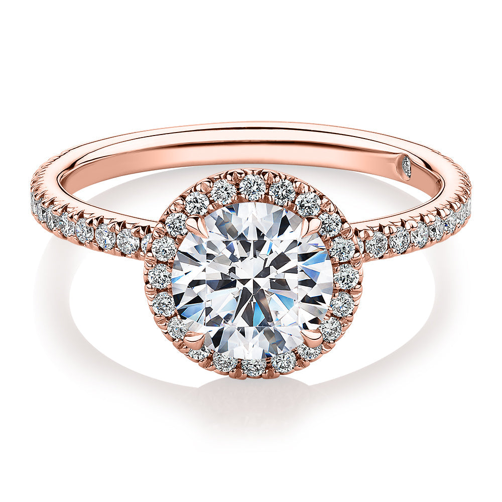 Signature Simulant Diamond 1.88 carat* TW round brilliant halo engagement ring in 10 carat rose gold