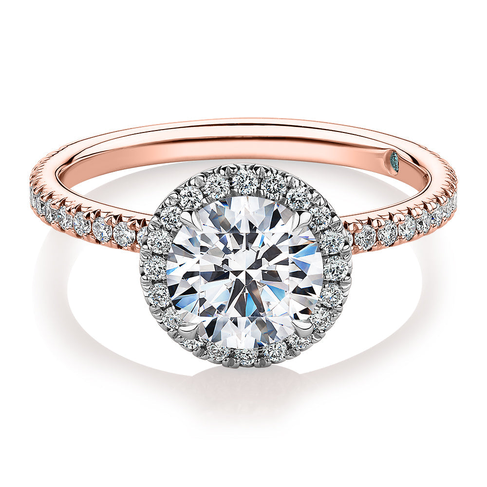 Premium Certified Laboratory Created Diamond, 1.88 carat TW round brilliant halo engagement ring in 18 carat rose and white gold